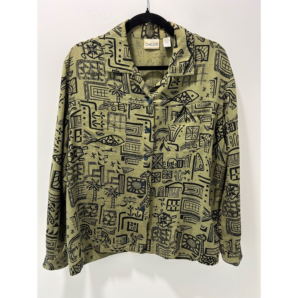 Chico's Silk Linen Tribal Print Button Down Shirt Olive Green Size 2 Large
